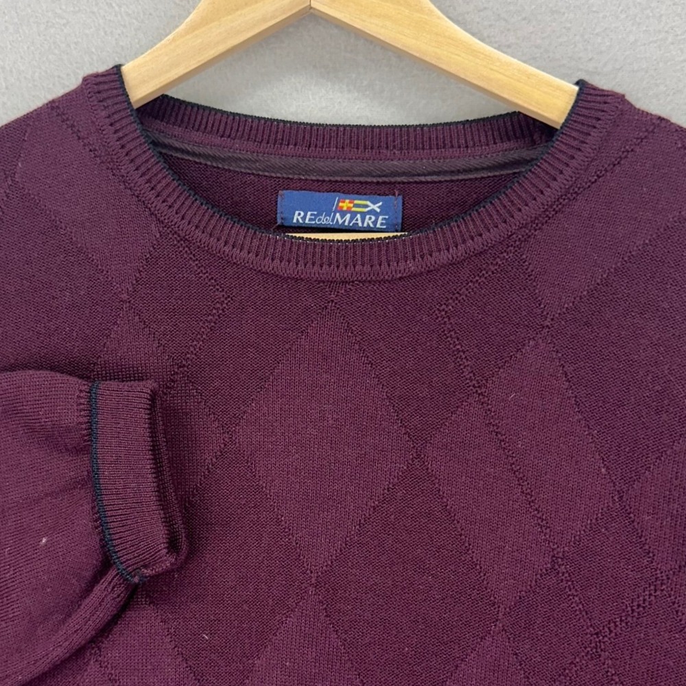 Merino Wool Crewneck Sweater Mens XXL Burgundy Argyle Long Sleeve Pullover Italy